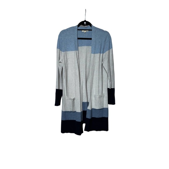 Peyton Primrose Blue Gray Striped Open Front Long Cardigan with pockets size L‎ - Picture 1 of 3